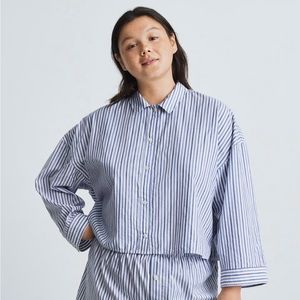 Everlane The Woven P.J. Top boxy long sleeve blue & white stripe top Size XS NWT